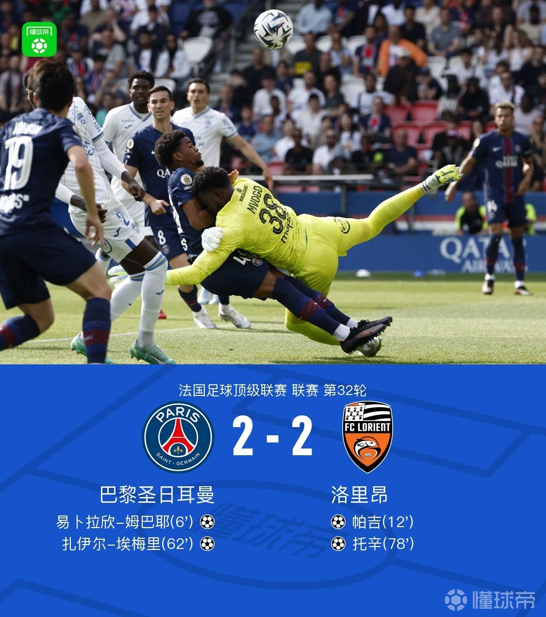 剑南春｜巴黎3中门框2-2洛里昂暂7分优势领跑，扎伊尔-埃梅里破门