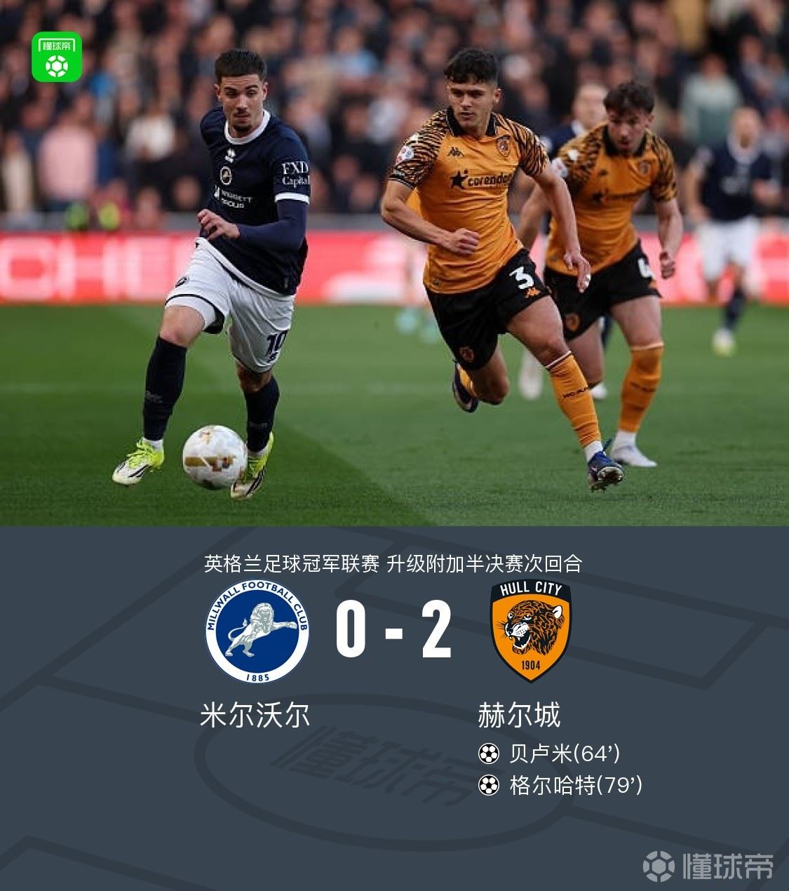 两回合赫尔城2-0米尔沃尔晋级，贝卢米传射，格尔哈特建功