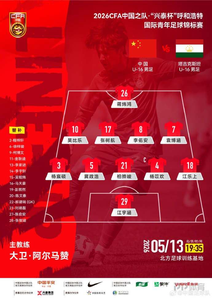 U16国足vs塔吉克斯坦U16首发：李佑安、袁博涵出战